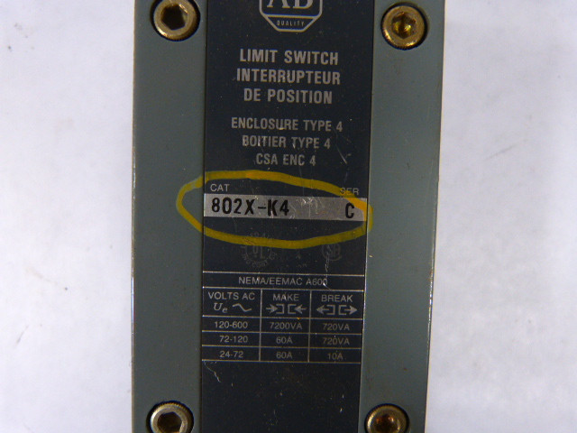 Allen-Bradley 802X-K4 Limit Switch 10amp 600VAC USED