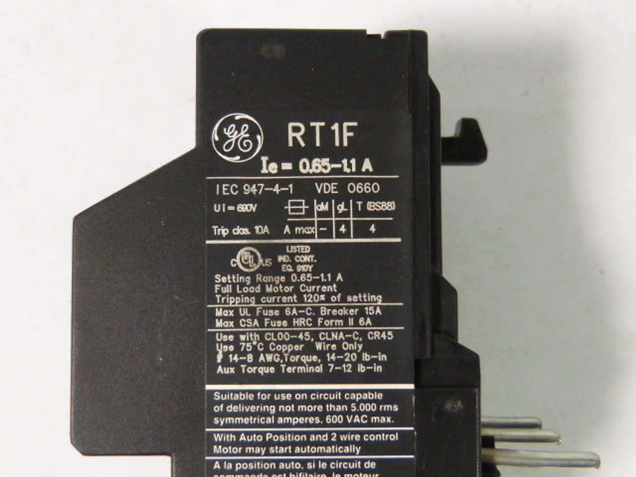 General Electric RT1F Overload Relay 0.65-1.1amp USED