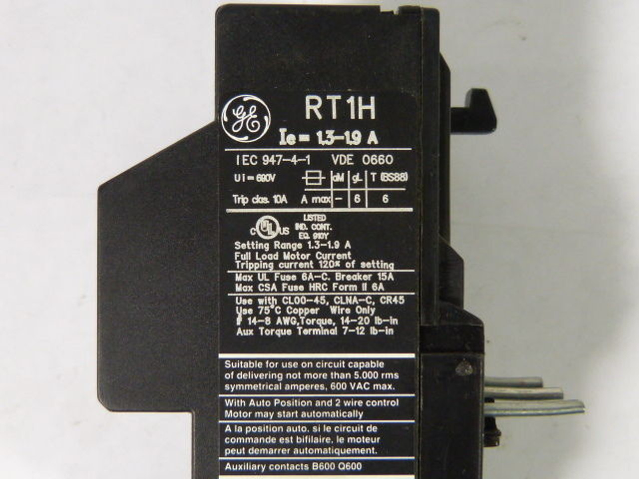 General Electric RT1H Overload Relay 1.3-1.9amp USED