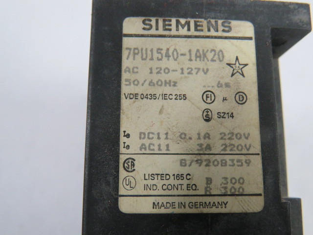 Siemens 7PU1540-1AK20 Time Delay Relay 120-127V 50/60Hz 6Sec SHELF WEAR USED