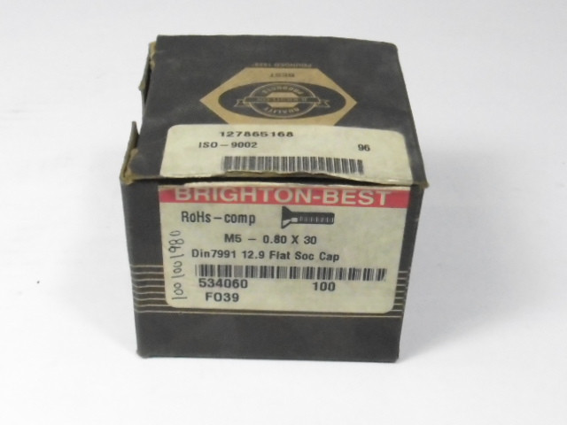 Brighton Best 534060 M5-0.80 x 30 Flat Soc Cap 100-Pack  NEW