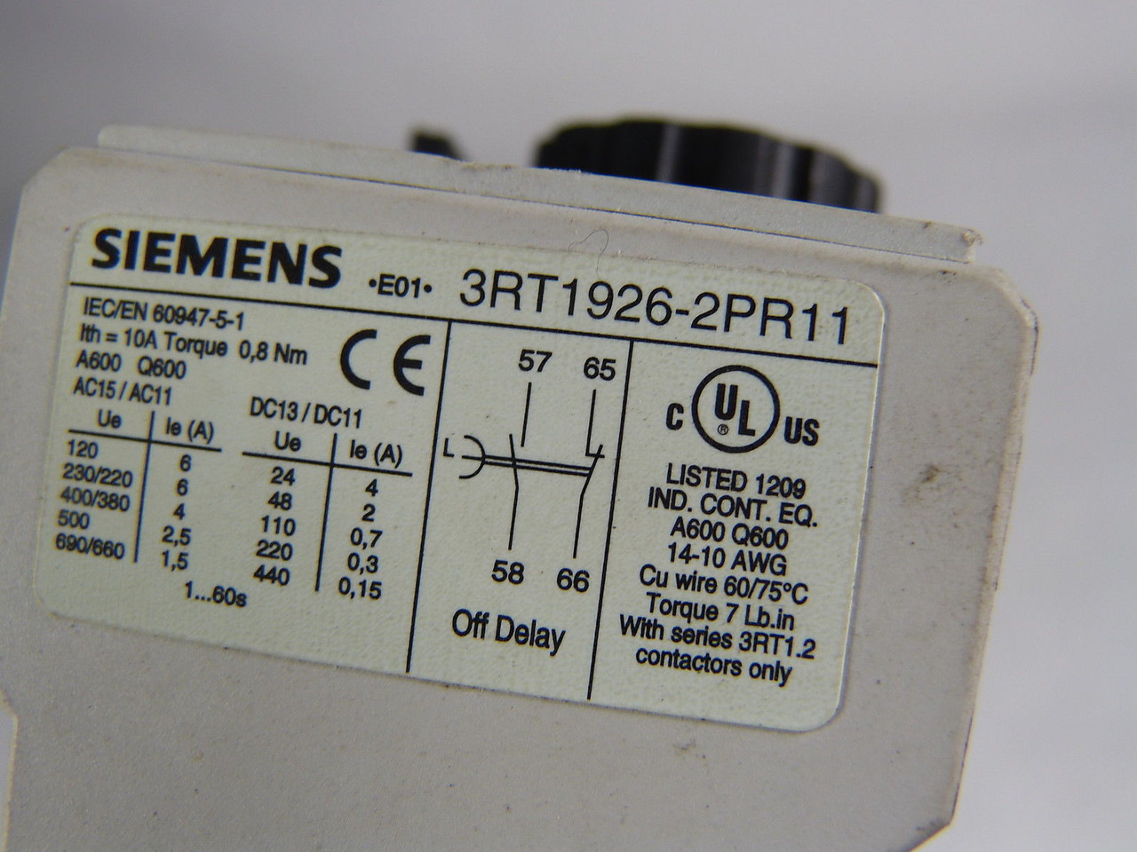 Siemens 3RT1926-2PR11 Pneumatic Timing Relay Block 1-60 Seconds USED