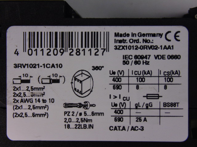 Siemens 3RV1021-1CA10 Circuit Breaker 1.8-2.5A W/ Aux Contact 3RV1901-1E USED