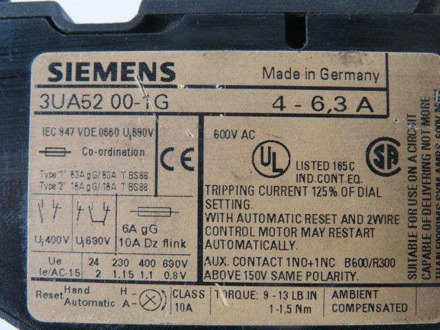 Siemens 3UA52-00-1G Overload Relay 4-6.3A 690V USED