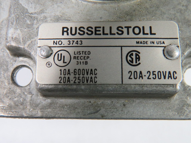 Russellstoll 3743 Receptacle 10/20A 250/600VAC 3W 2P ! NEW !