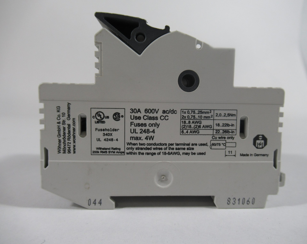 Wohner 31300 Fuse Holder 30A 3P 600V Max. 4W MISSING DIN MOUNT USED