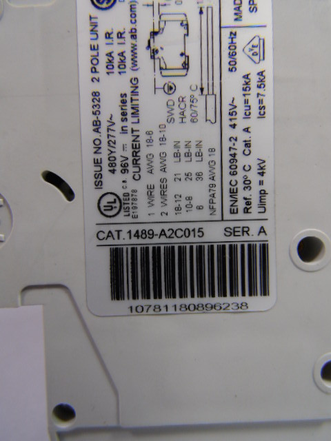 Allen-Bradley 1489-A2C015 Circuit Breaker 2 Pole 1.5 Amp USED