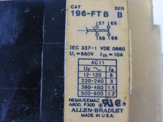 Allen-Bradley 196-FTB Ser B Pneumatic Timer .1-180Sec 1NO 1NC 10A 690V USED