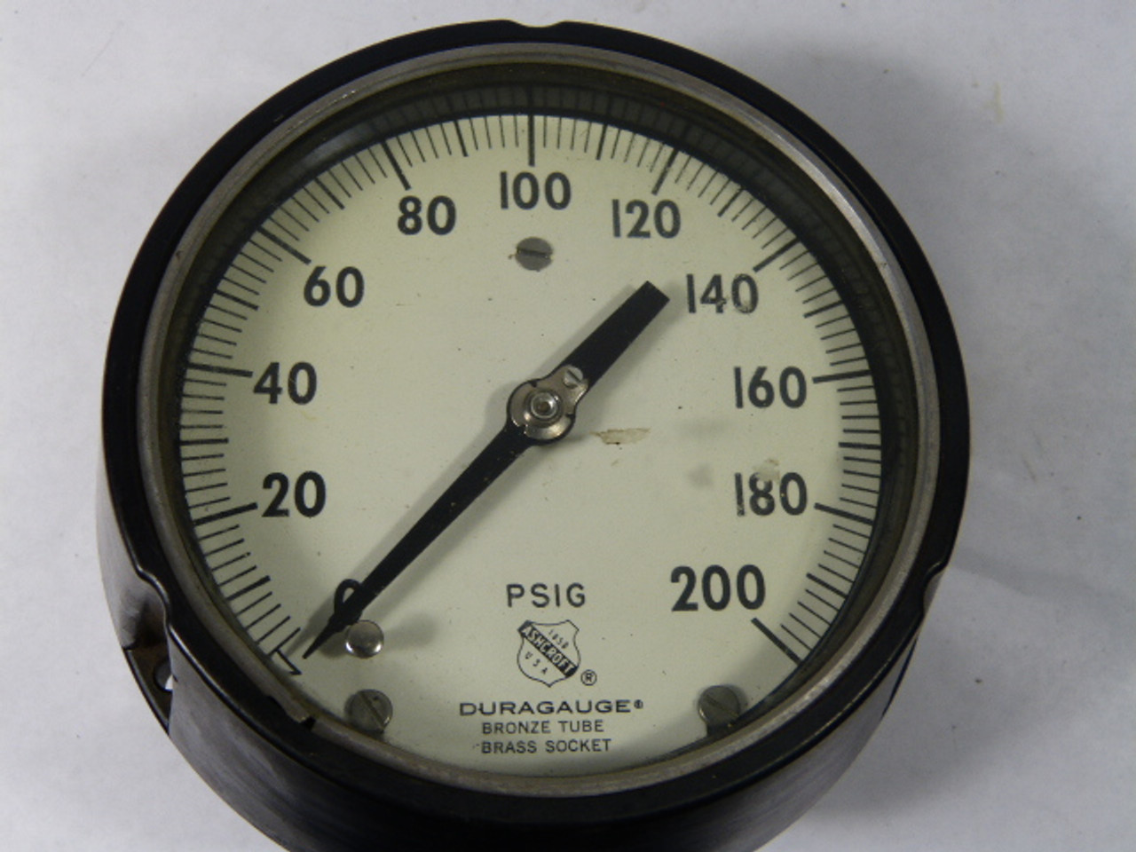 Duragauge 0-200PSI  Pressure Gauge Solid Front Bronze Tube  Brass Socket USED