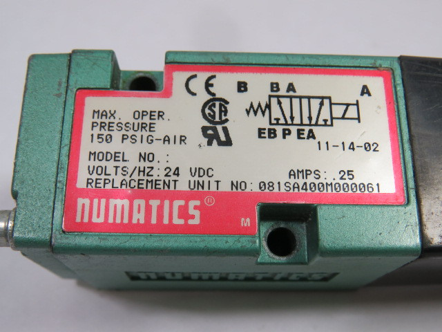 Numatics 081SA400M000061 Single Direct Solenoid Valve *NO BASE* ! AS IS !