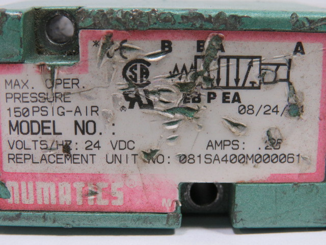 Numatics 081SA400M000061 Single Direct Solenoid Valve 24Vdc NO BASE USED
