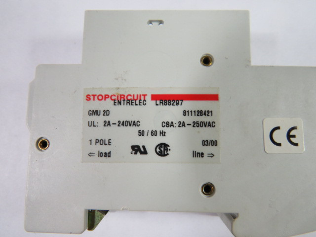 Entrelec GMU-2D Circuit Breaker 2A 240VAC 1-Pole USED