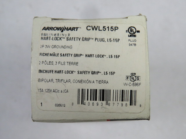 Arrow Hart CWL515P Hart-Lock Plug Safety Grip 15A 125VAC 3W 2P ! NEW !