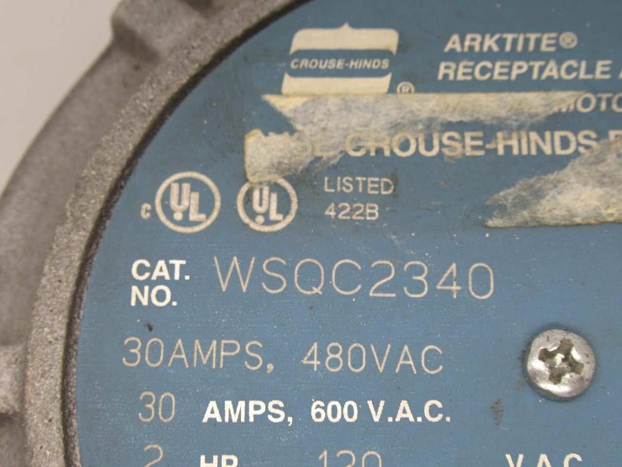 Cooper Crouse-Hinds WSQC2340 Interlocked Arktite Receptacle 30A 600V 3W 4P USED