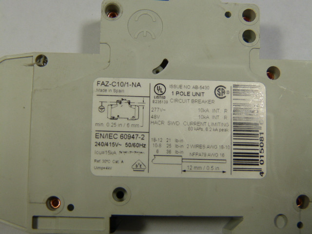 Klockner-Moeller FAZ-C10/1-NA Miniature Breaker 1P 10A USED