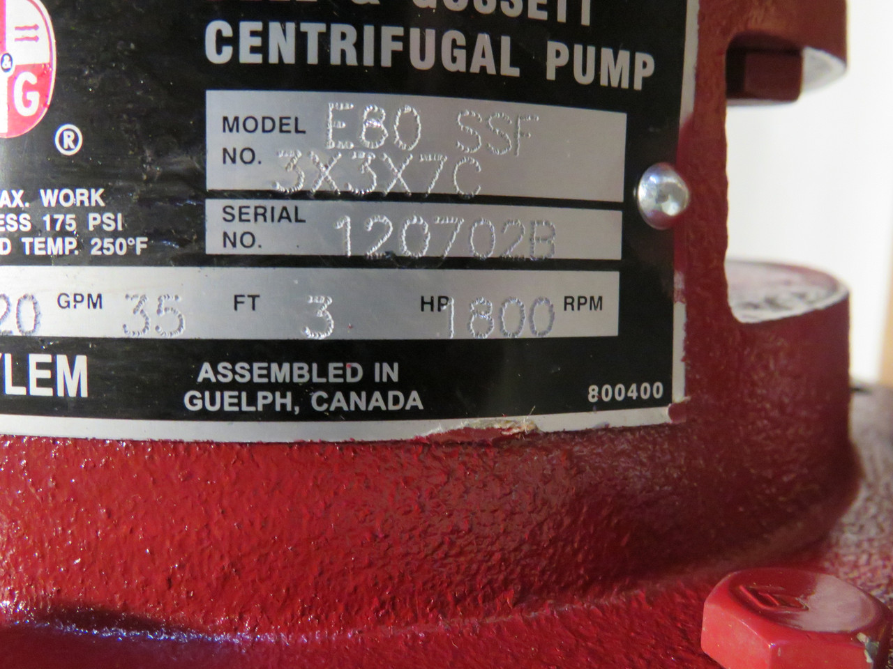 Bell & Gossett e80 3X3X7C Centrifugal Pump C/W Weg 3.0HP 1765RPM NEW