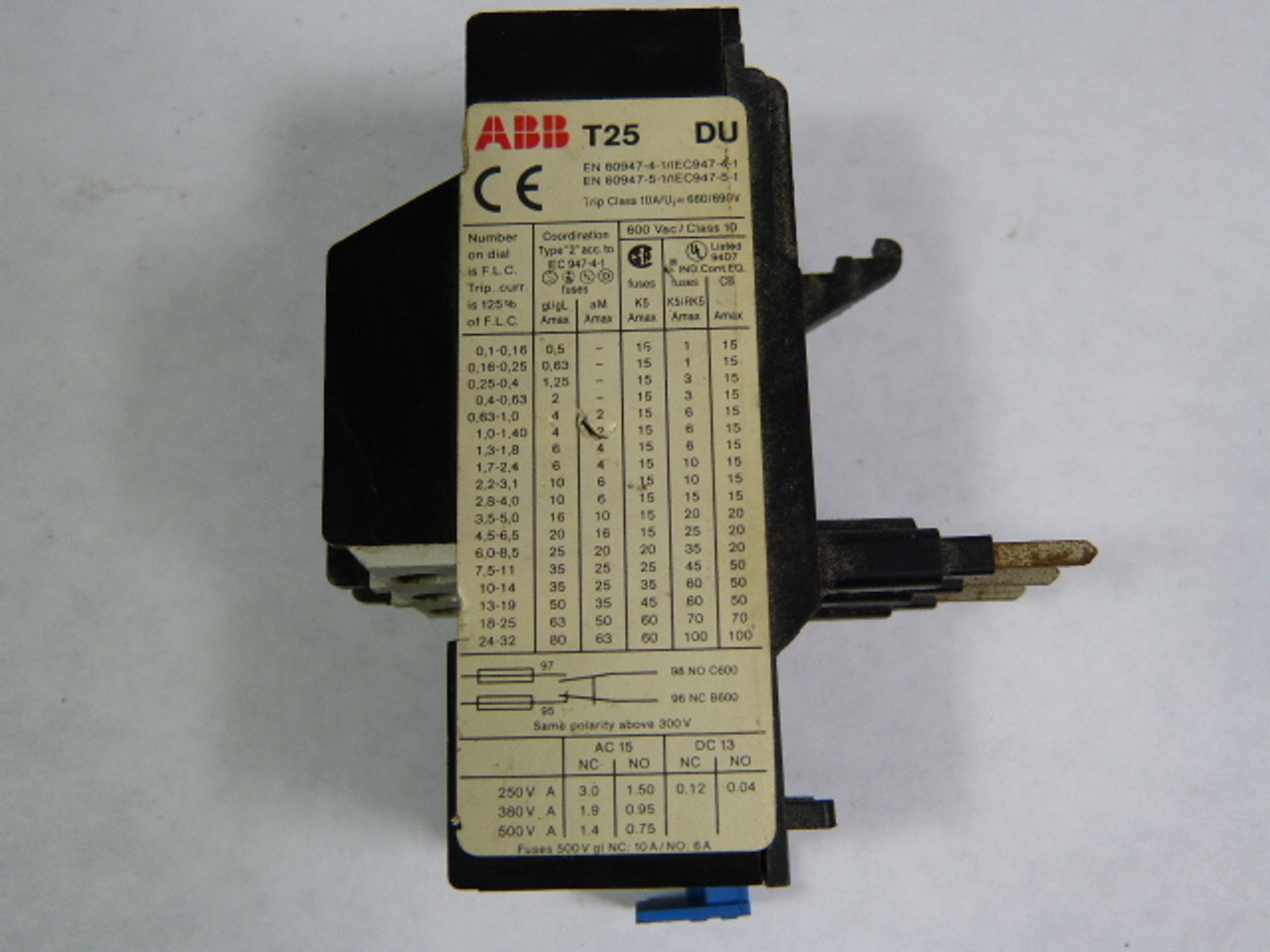 ABB T25DU-0.9 Overload Relay 0.63-0.9Amp Trip Class 10 USED