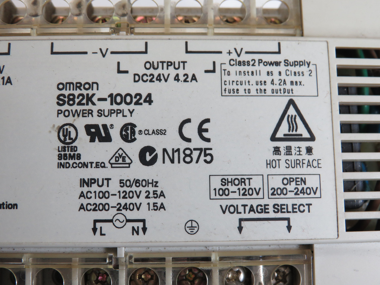 Omron S82K-10024 Power Supply w/DC Low 24VDC 4.2A DC Low: 24VDC 0.1A USED