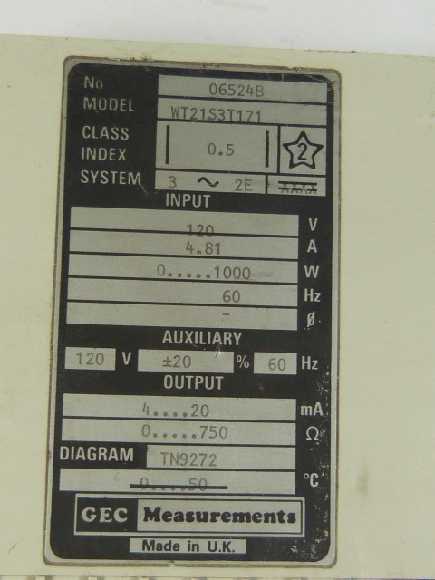 GEC WT21S3T171 Transducer ISTAT200 120V 4.81A 60Hz USED