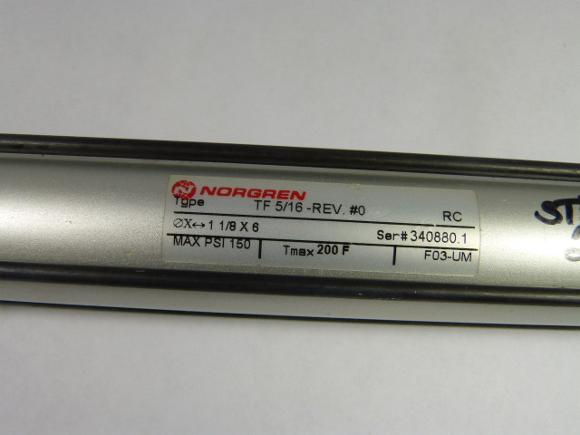 Norgren TF-5/16-REV-1-1/8X6 Pneumatic Cylinder 1-1/8" Bore 6" Stroke USED