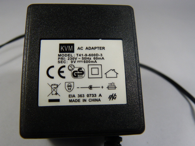 Kvm T41-9-600D-3 AC Power Adapter 600 mA 9V USED
