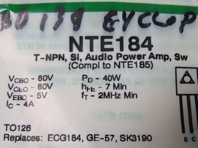 NTE NTE184 Single Transistor 80V 2MHz 40W 4A 80hFE 3-Pins ! NWB !