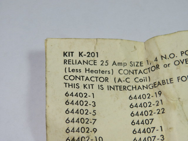 Reliance K-201 Contact Kit 30 Amp 1 Pole ! NOP !