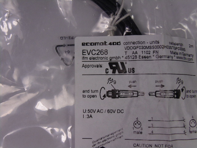 IFM Ecomat EVC268 Connector Cable 3-Pin 2m L NWB