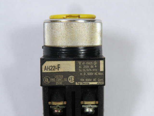 Fuji Electric AH22-FY10 Push Button 10A 600VAC 1NO Yellow Flush USED