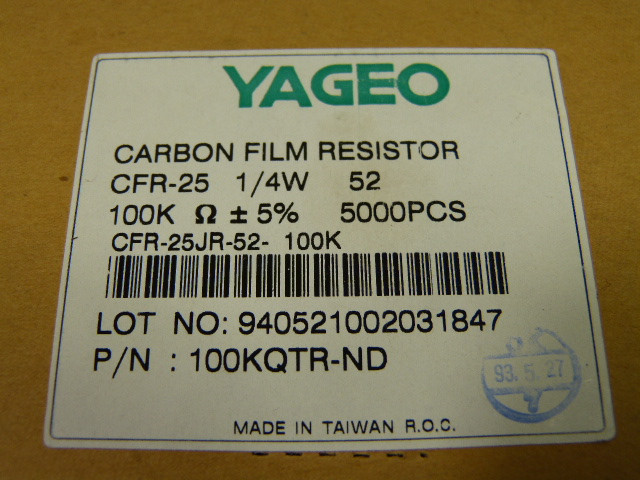 Yageo CFR-25JR-52-100K Carbon Film Resistors 1/4W 5% 4725pcs USED