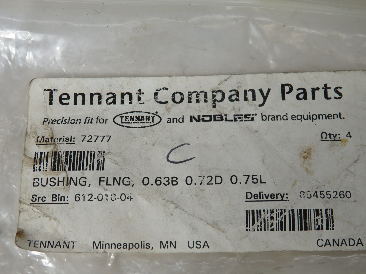 Tennant 72777 Plastic Flange Bushing 1"OD 0.625"ID 0.737"W Lot/4 HOLEY BAG NWB