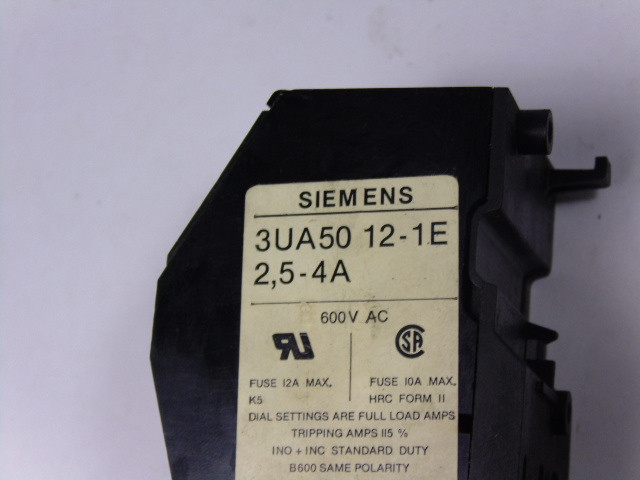 Siemens 3UA50-12-1E Overload Relay 600V AC 2.5-4Amp USED