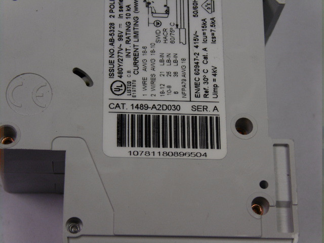 Allen-Bradley 1489-A2D030 Miniature Circuit Breaker 2 Pole 3 Amp USED