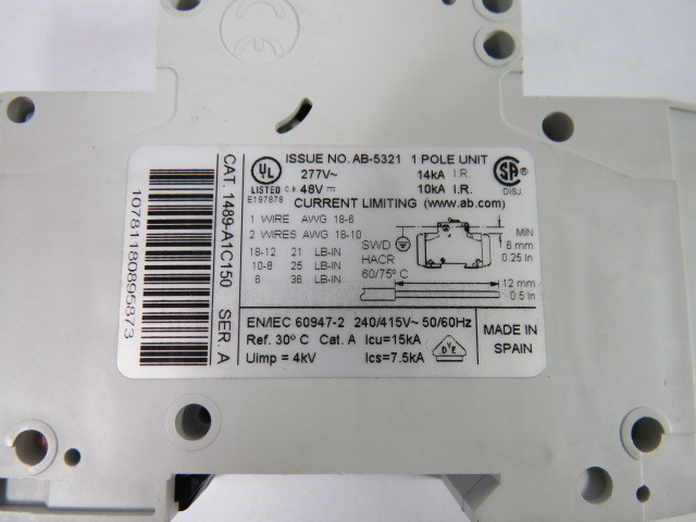 Allen-Bradley 1489-A1C150 Circuit Breaker 1 Pole 277VAC 15A USED
