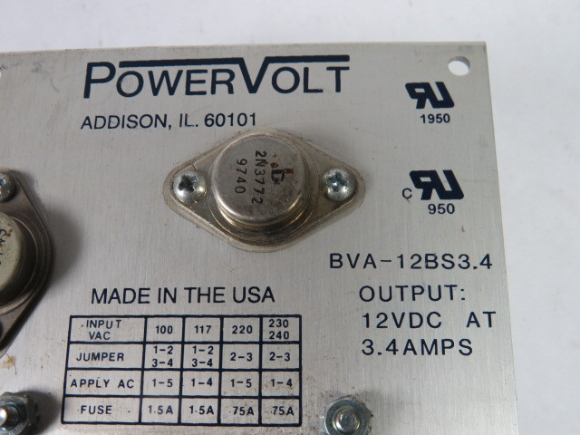 Power Volt BVA-12BS3.4 Power Supply 100-240VAC Input 12VDC @3.4A Output USED