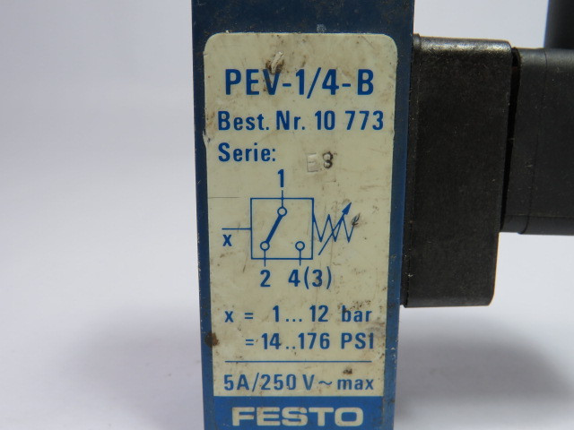 Festo 10773 PEV-1/4-B Pressure Switch 250Vac 125Vdc 1-12BAR 14-176PSI USED