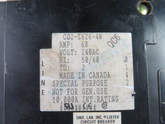 Heineman CD2-Z626-4W Circuit Breaker 60A 2-Pole USED