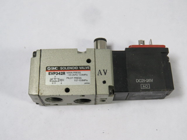 SMC EVP342R Solenoid Valve 2/1 Port 21-26VDC 101.2KPa-0.8MPa 1/8" NPT USED