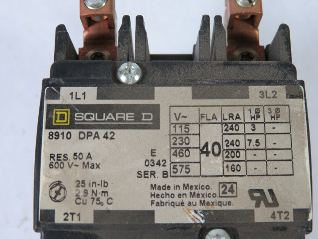 Square D 8910-DPA-42 Contactor 40A 600VAC Series B NO COIL INCLUDED USED