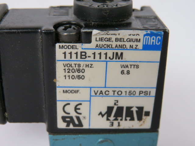 MAC 111B-111JM Solenoid Valve 6.8 Watt 120/110 Volt 60/50 Hz 150 PSI USED