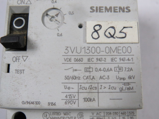 Siemens 3VU1300-0ME00 Motor Protection Circuit Breaker 0.4-0.6A 690V USED