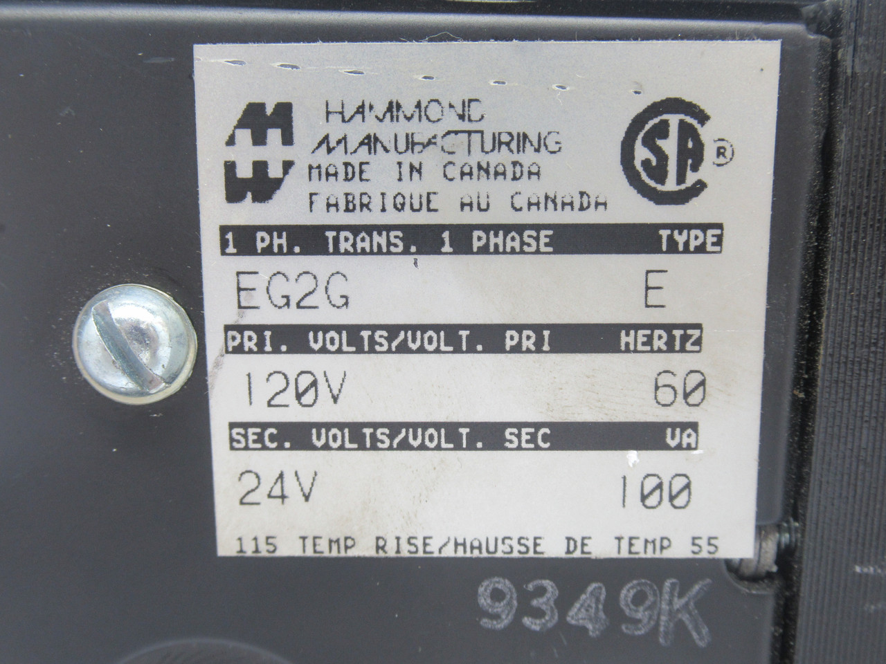 Hammond EG2G Control Transformer Type E 100VA Pri 120V Sec 24V 60Hz USED