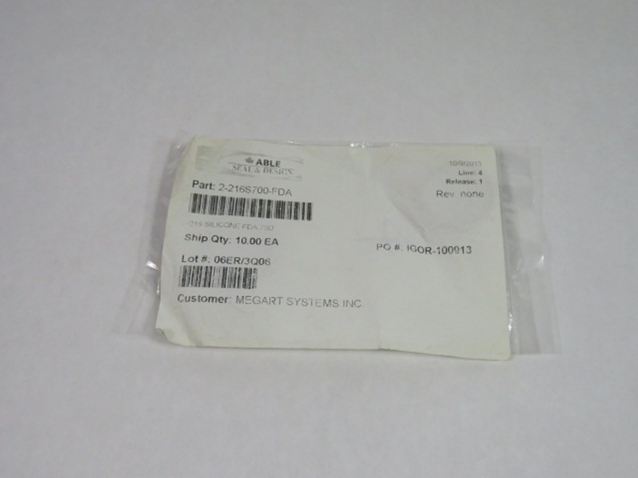 Able Seal 2-216S700-FDA Silicon O-Ring 28.17mm ID 35.23mm OD 10-PK ! NWB !
