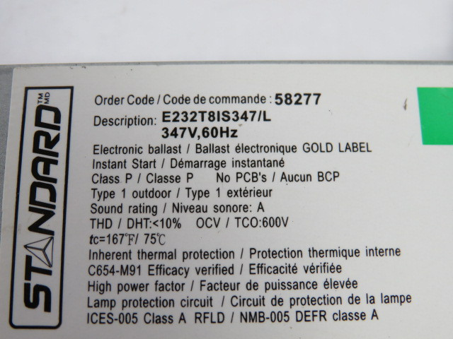 Standard E232T8IS347/L Fluorescent Electronic Ballast 347V 60Hz ! USED !