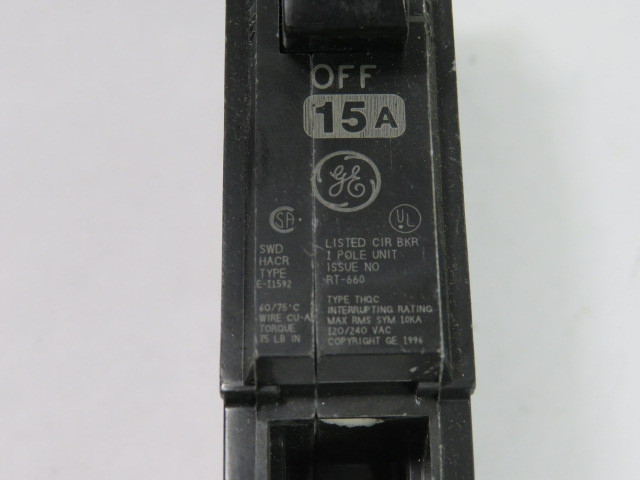 General Electric THQC115 Circuit Breaker 15A 120/240VAC 1-Pole USED