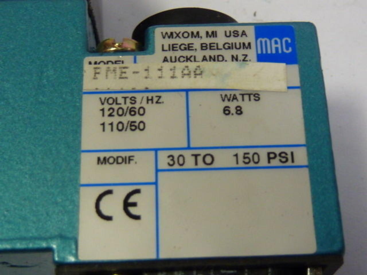 Mac PME-111AA Pilot Valve Assembly 110/120V 50/60Hz USED