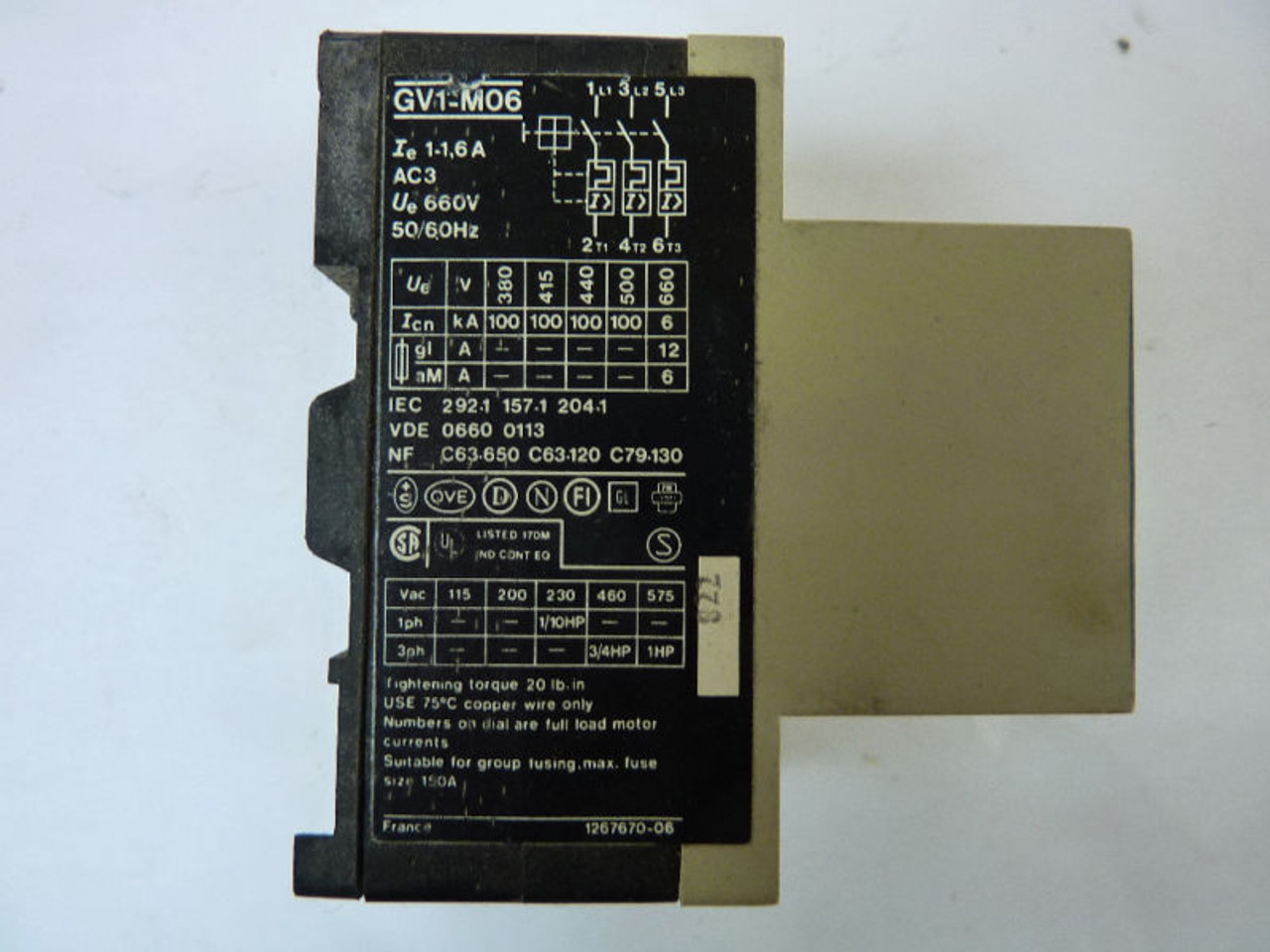 Telemecanique GV1-M06 Motor Circuit Breaker 115V USED