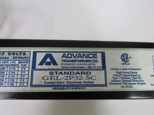 Advance GEL-2P32-SC Instant Start Ballast 347V .17A 60Hz. USED