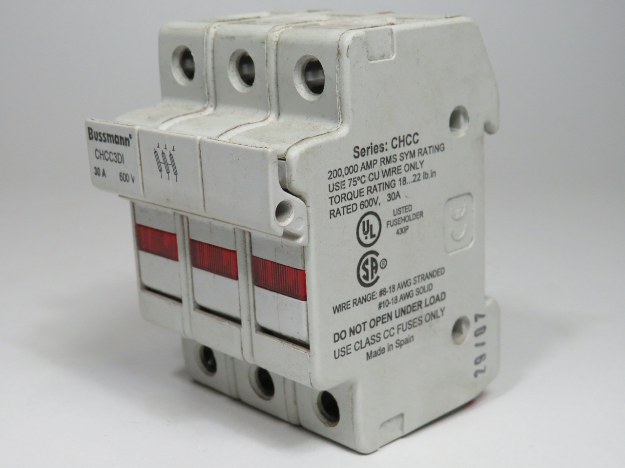 Bussmann CHCC3DI Indicating Fuse Holder 3-Pole 30A 600V USED