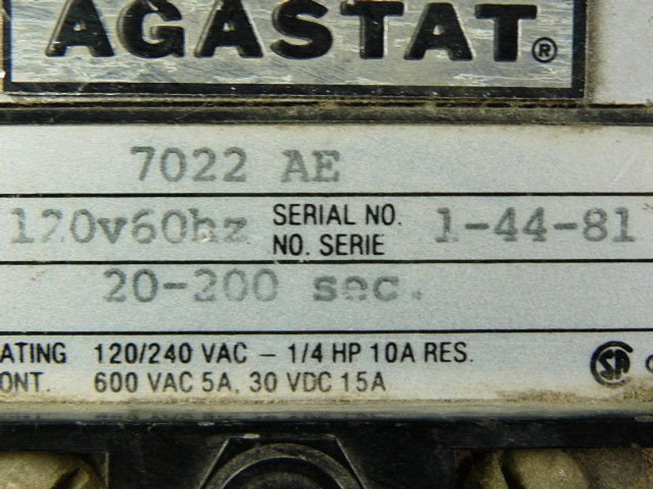 Agastat 7022AE 7022-AE Electropneumatic Timing Relay 20-200s 120VAC USED